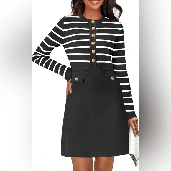 MEROKEETY Long Sleeve Striped Sweater Button Crewneck Fall Bodycon Mini Dress - Picture 4 of 4